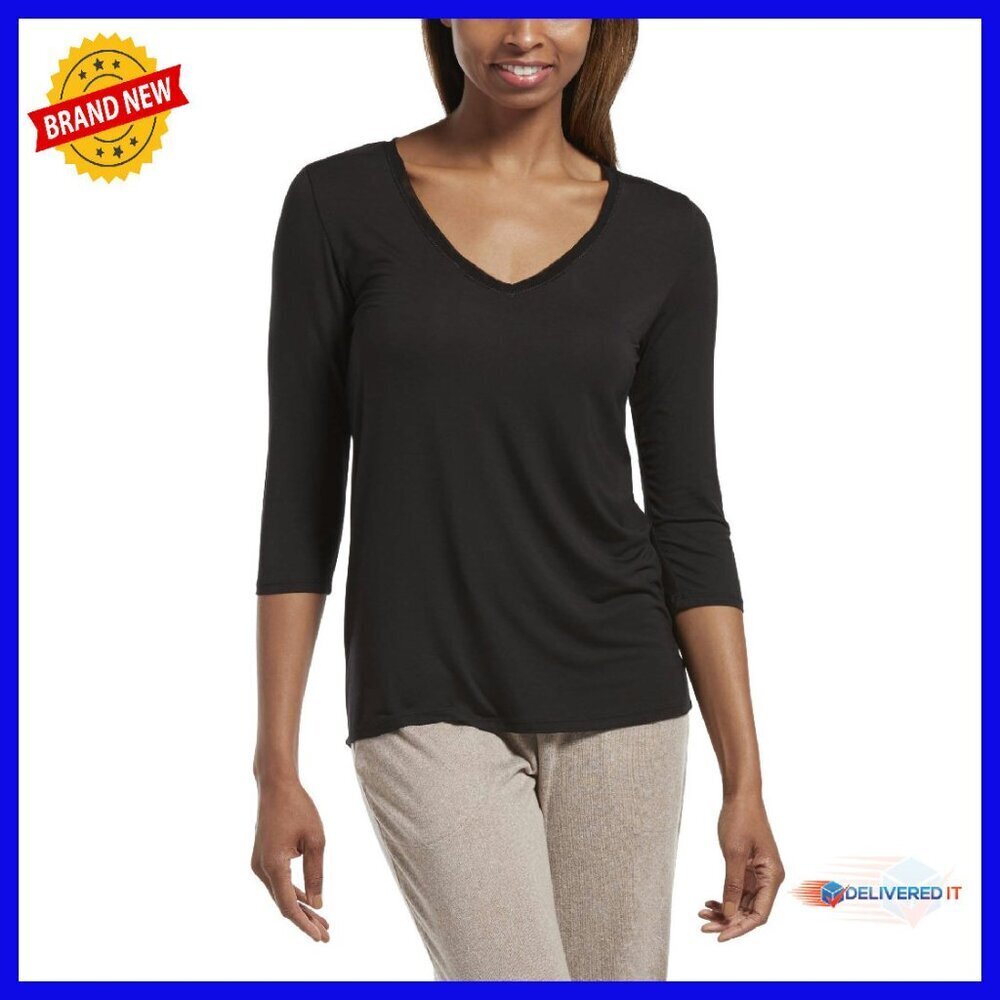 Soft Cotton Blend 3/4 Sleeve V-Neck Sleep Tee - Cozy Lounge Wear